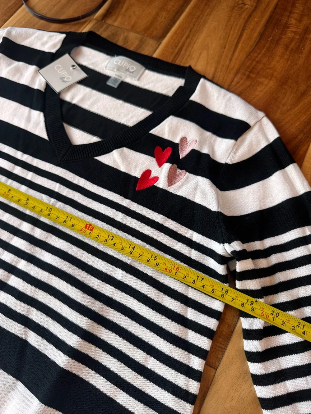Cupio Black & White Striped V-Neck Sweater with Red & Pink Heart Details